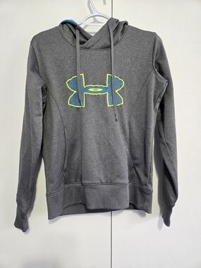 Under Armour Womens Size Small Hoodie Gray Blue Storm Logo Sweatshirt Pullover
